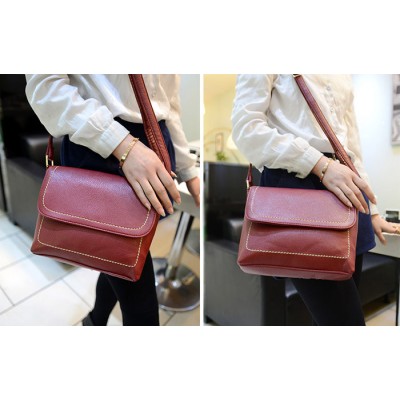 Korean Style Women's Crossbody Bag With Stitching and Solid Color Design Wine Red/ Black/ Brown